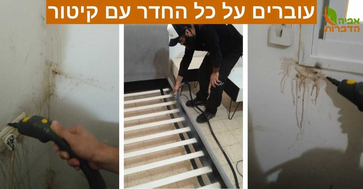 תמונה אחת בה רואים 3 תמונות שונות של הדברת פשפש המיטה עם קיטור. מעל התמונות קיים הלוגו של אביה הדברות, והכותרת: עוברים על כל החדר עם קיטור.
